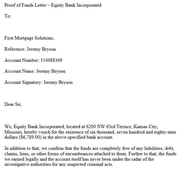 sample proof of funds letter