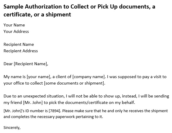 authorization letter pick up documents