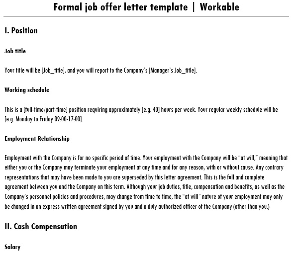 formal job offer letter template