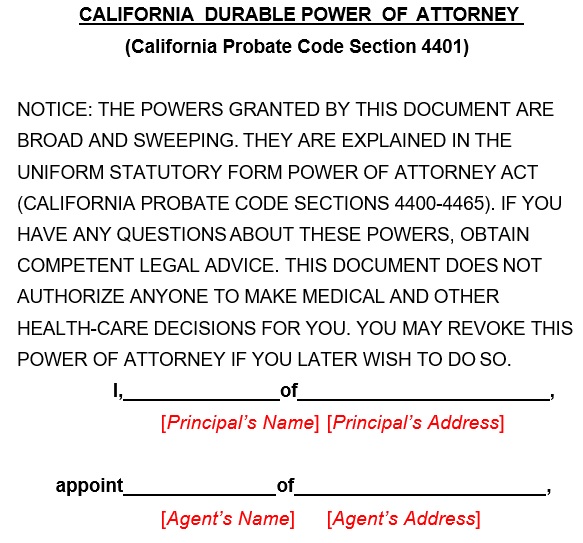 California financial power of attorney form
