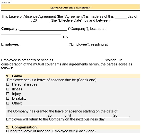 fillable leave of absence agreement form template