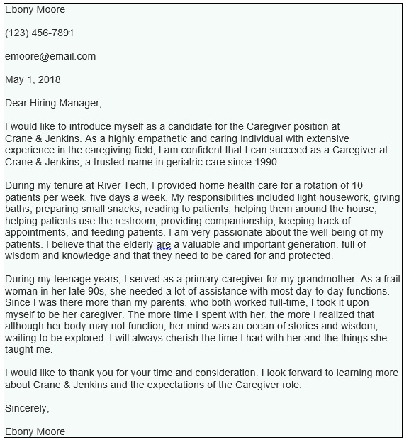 sample cover letter for caregiver with experience