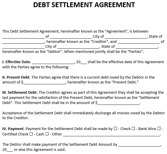 free debt settlement agreement template