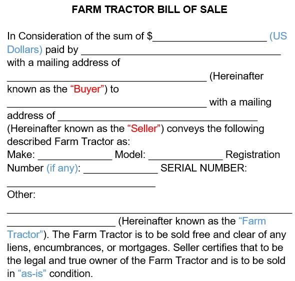 free printable tractor bill of sale form