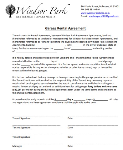 standard garage rental agreement template