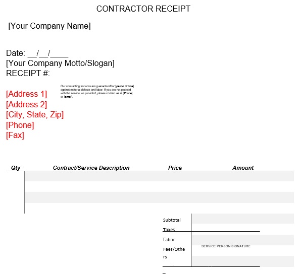 general contractor receipt template