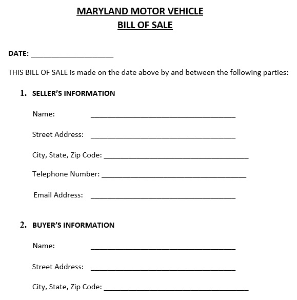 maryland motor vehicle bill of sale form template