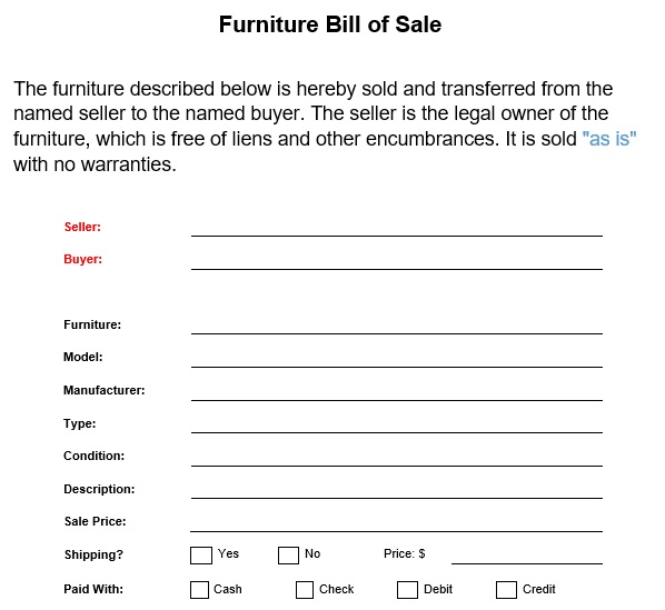 printable furniture bill of sale form template