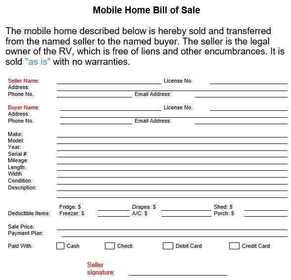 printable mobile home bill of sale form