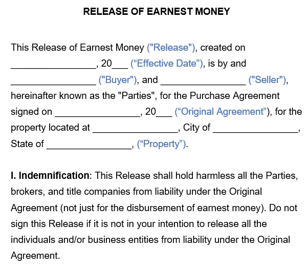 release of earnest money form