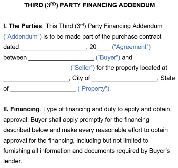 third party financing addendum template