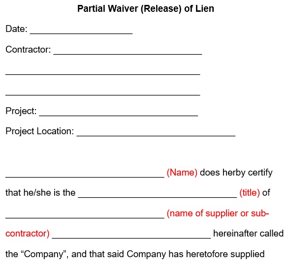 free printable partial release of lien form