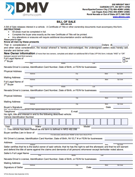 nevada car bill of sale form VP104