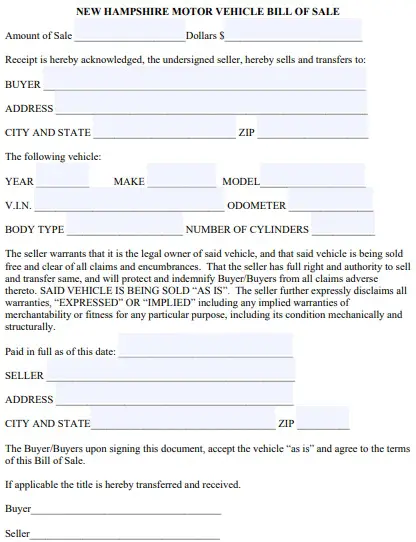 Free New Hampshire Vehicle Bill of Sale Form (PDF) - Excel TMP