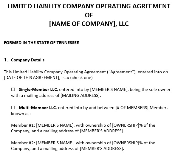 tennessee llc operating agreement template