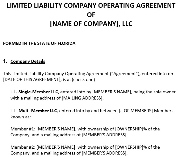 florida llc operating agreement template