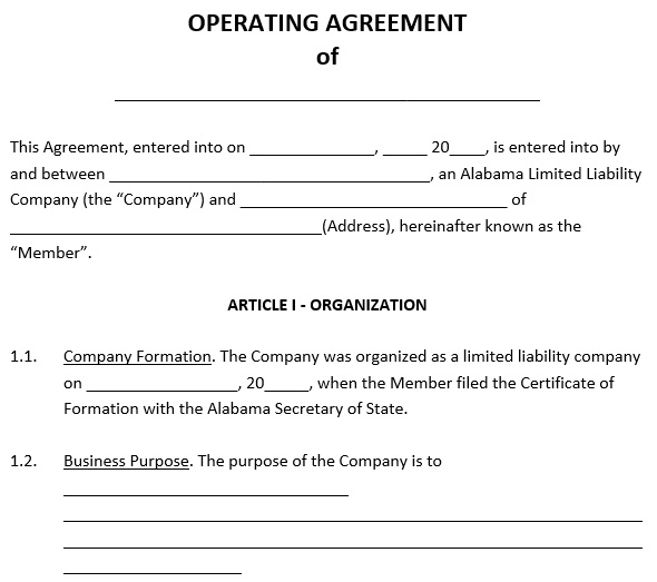 free alabama llc operating agreement template