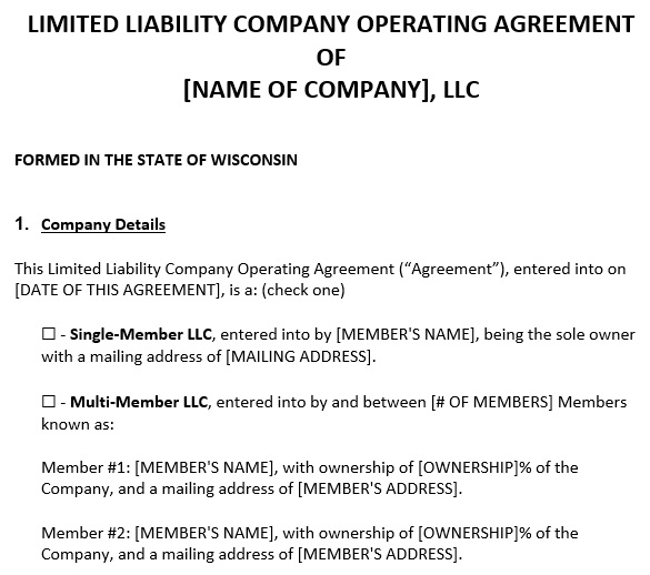 free wisconsin llc operating agreement template
