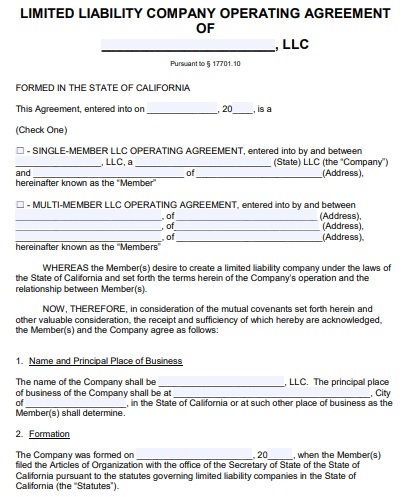 printable california llc operating agreement template