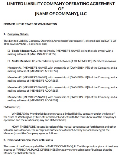 Washington llc operating agreement template