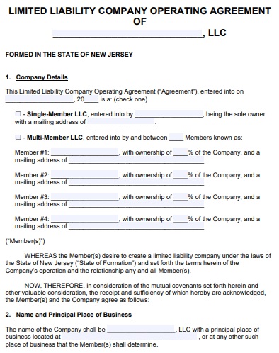free new jersey llc operating agreement template