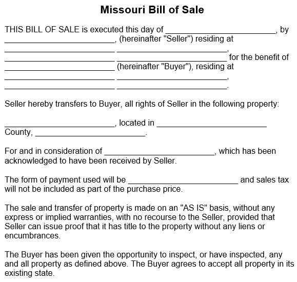 missouri car bill of sale form