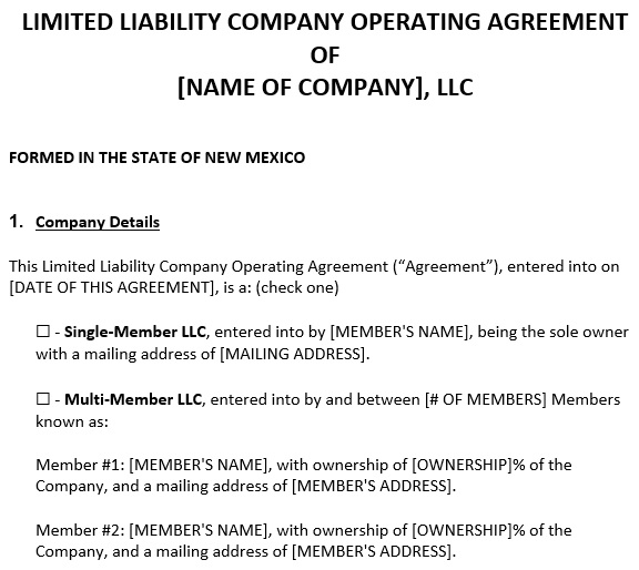 new mexico llc operating agreement template