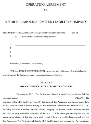 printable north carolina llc operating agreement template