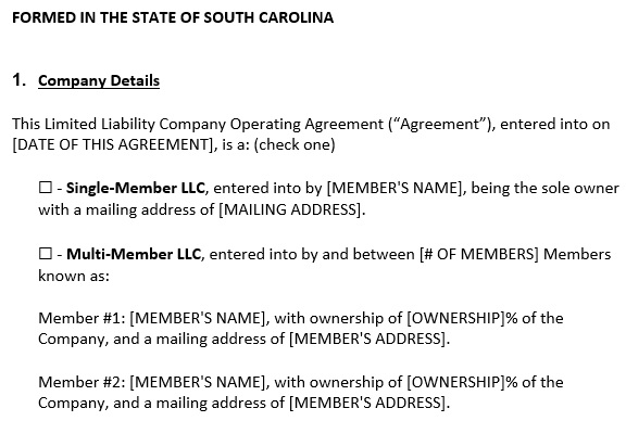 south carolina llc operating agreement template