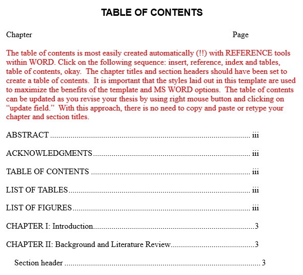 printable table of contents template