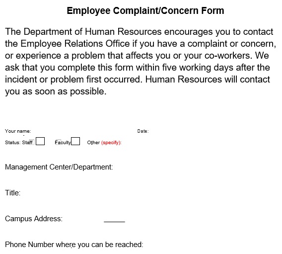 printable employee concern form template