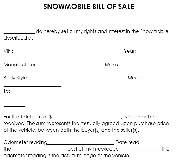 Free Printable Snowmobile Bill Of Sale Form Word Pdf Excel Tmp