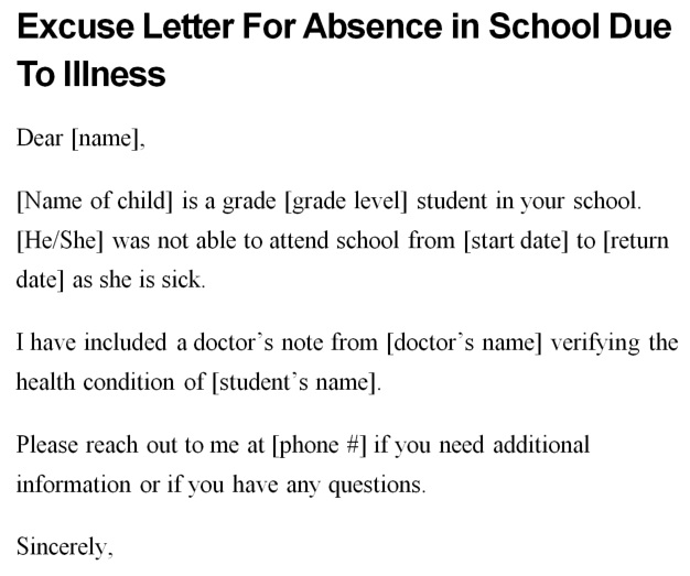 excuse letter for absence in school due to illness