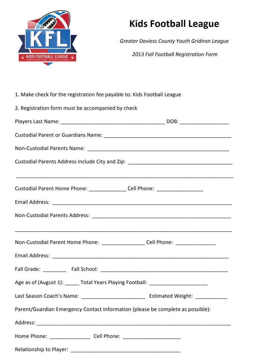 kids football league registration form