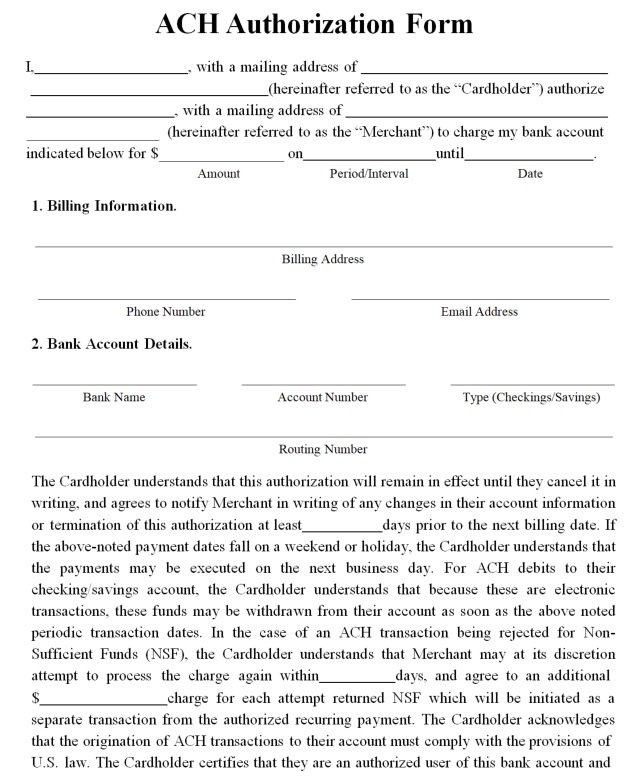 free printable ach authorization form