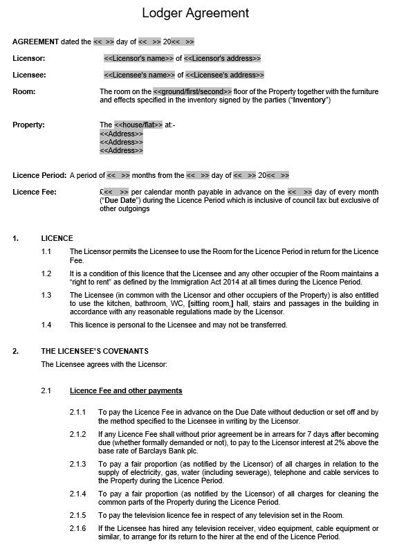free lodger agreement template