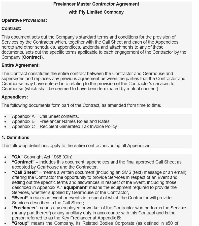 freelancer master contractor agreement template