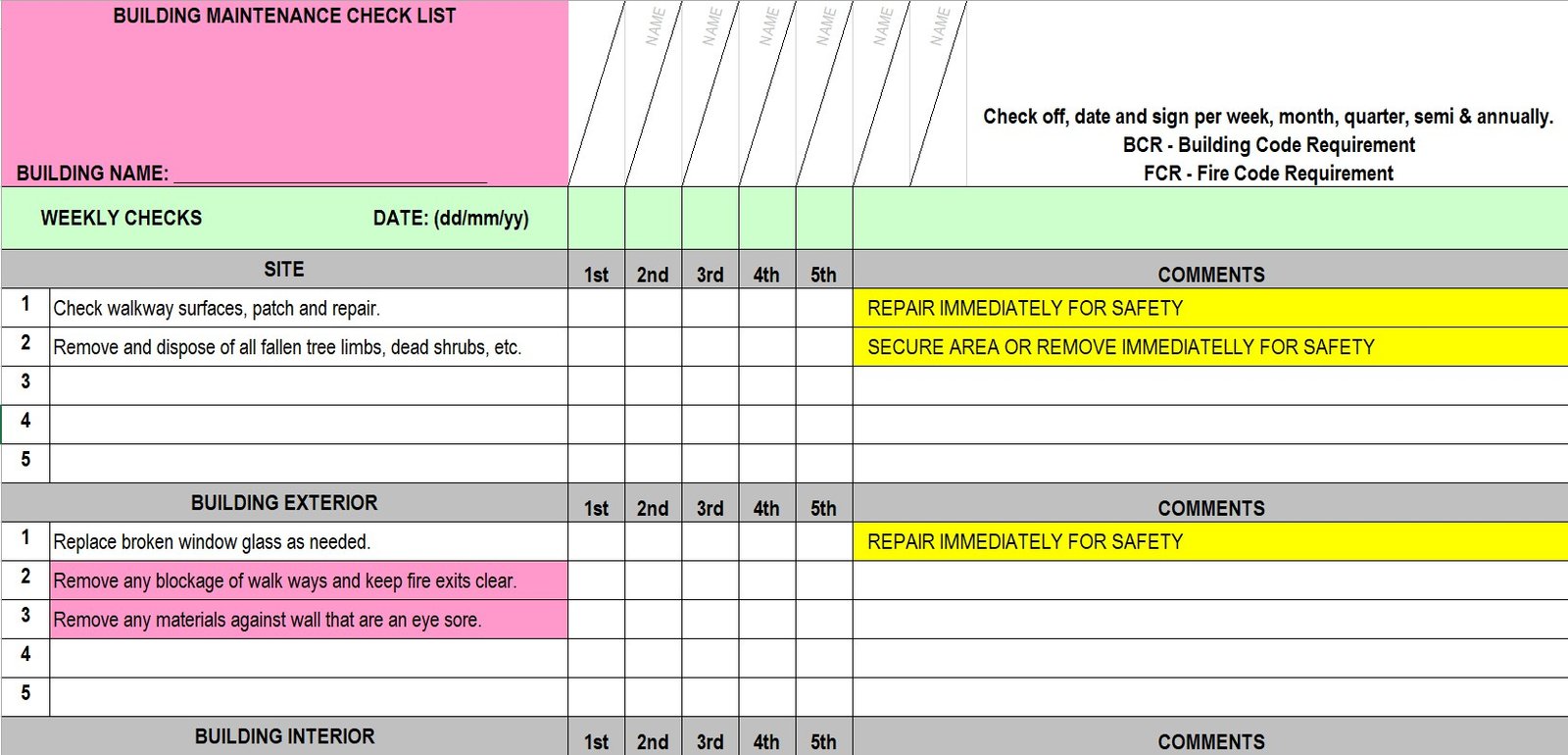 building maintenance checklist template excel