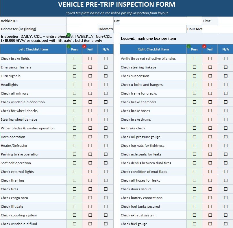 pre trip inspection sheet