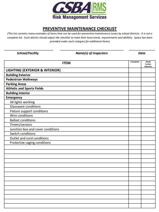preventive maintenance checklist