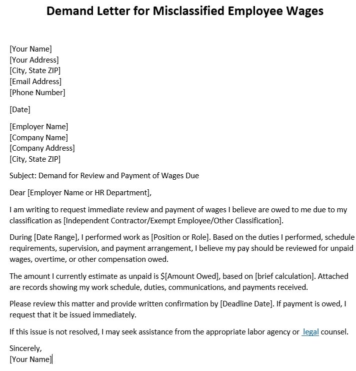 demand letter for misclassified employee wages letter