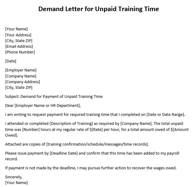 demand letter for unpaid training time letter