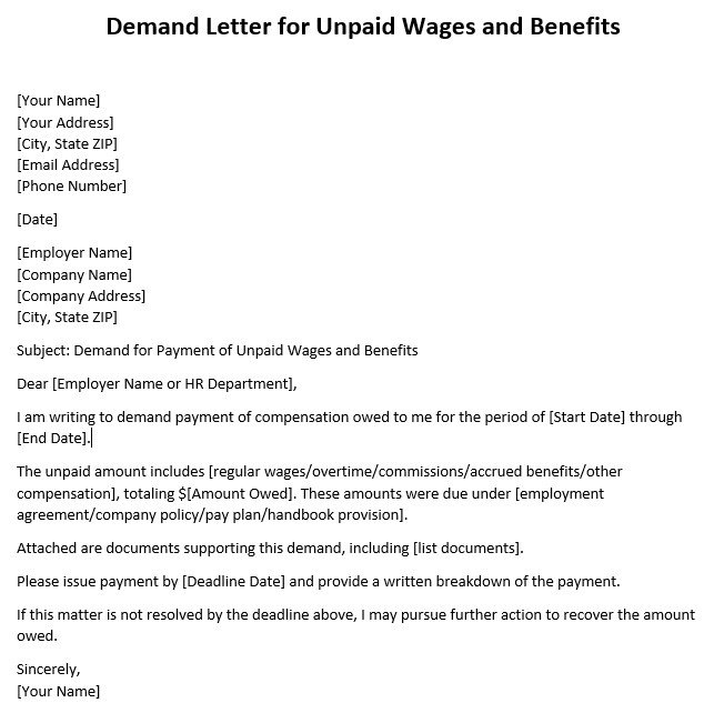demand letter for unpaid wages and benefits
