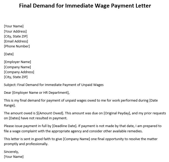 final demand for immediate wage payment letter