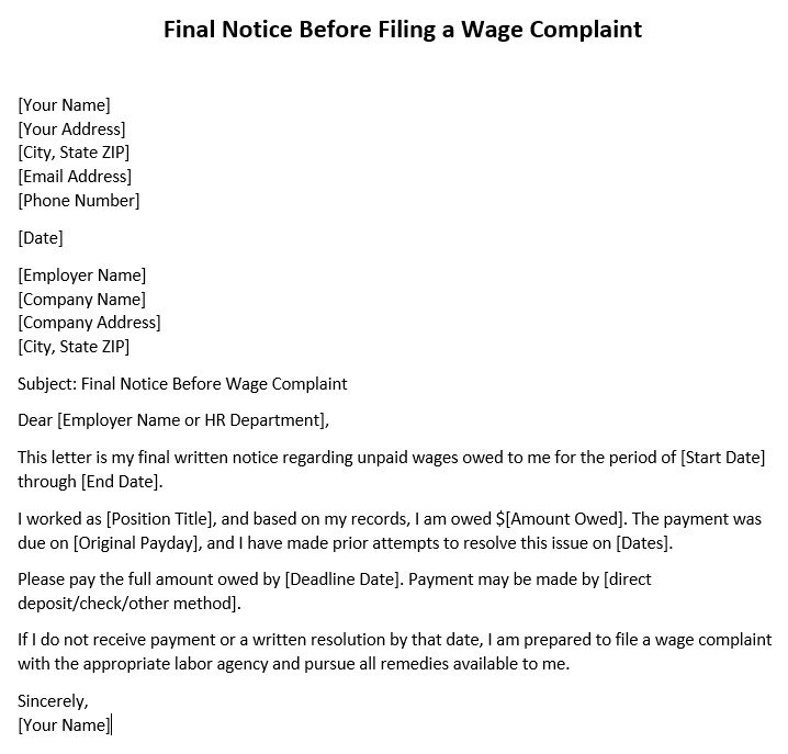 final notice before filing a wage complaint letter