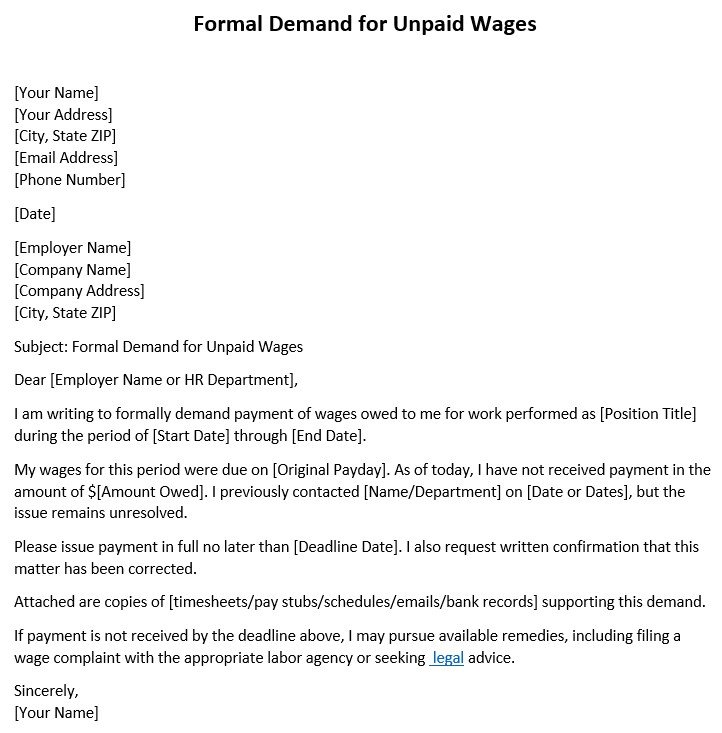 formal demand for unpaid wages letter