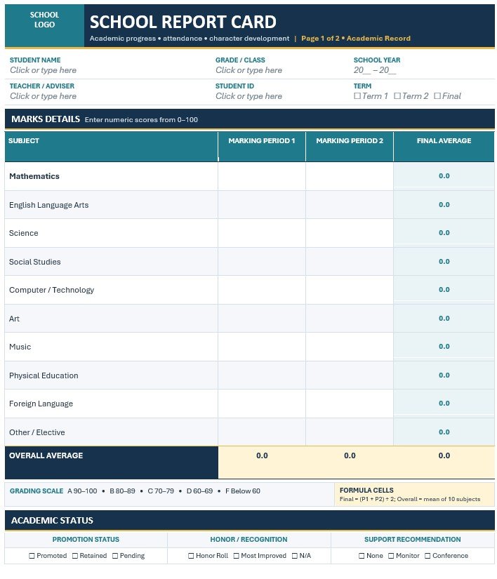 free printable report card template