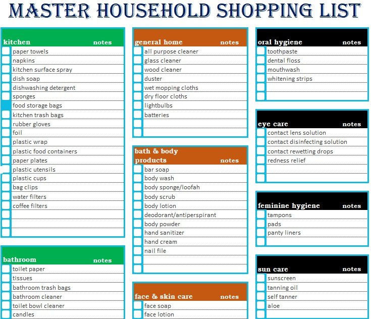 master household shopping list template excel