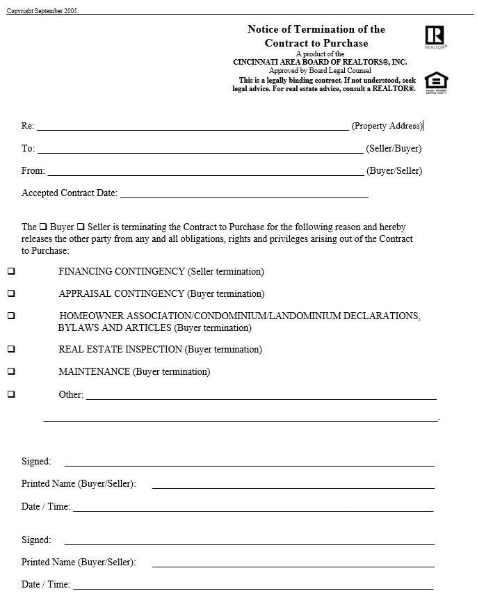 notice of termination of the contract to purchase