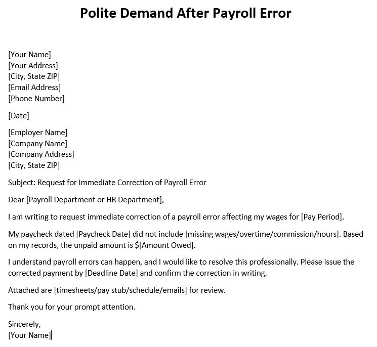 polite demand after payroll error letter